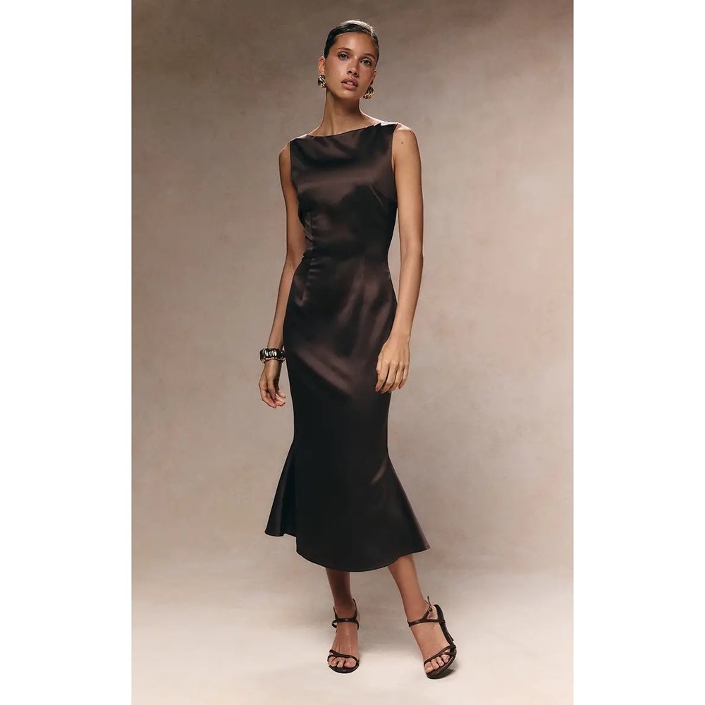 PrettyLittleThing Dark Taupe Satin Boat Neck Fishtail Midaxi Dress US 0 NWT